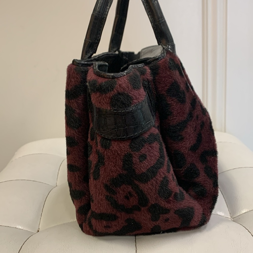 Nancy Gonzalez Burgundy and Black Leopard Calf Hair Crossbody Tote - Picture 3 of 10
